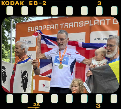Lee (centre) with his Gold Medal at the European Transplant Games - 24th June 2026